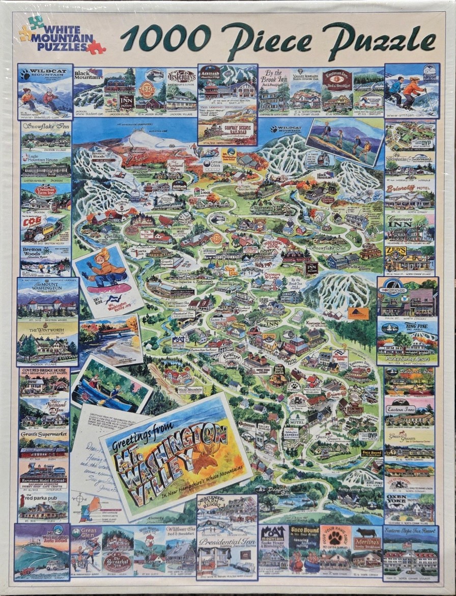 A whimsical illustrated map of the Mt. Washington Valley, surrounded by small rectangular vignettes of local businesses.