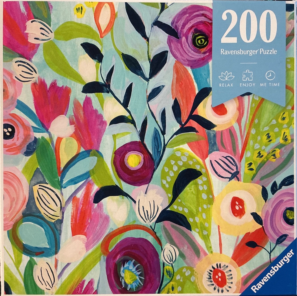 An abstract floral illustration featuring a vibrant mix of pink, purple, and yellow blossoms against a light blue background.