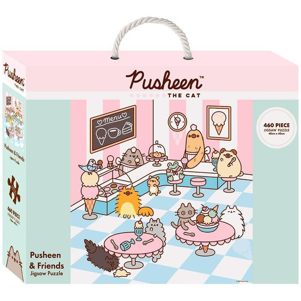 Cartoon illustration of Pusheen and various animal friends inside a pastel-themed ice cream shop.