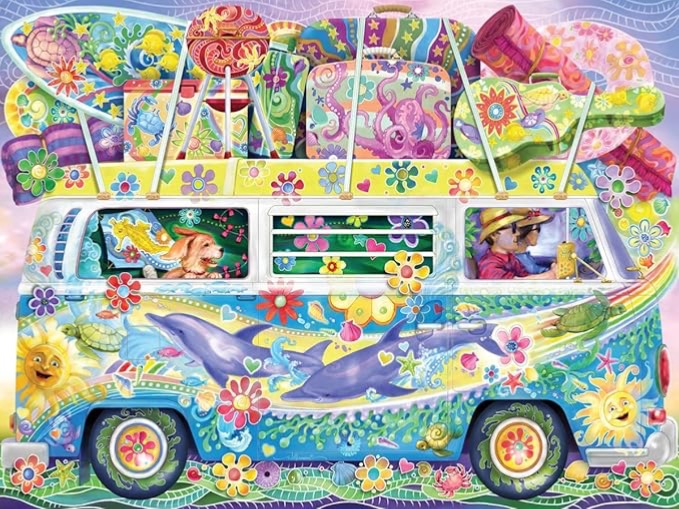 A psychedelic, colorfully decorated vintage camper van loaded with beach gear against a soft sunset sky.