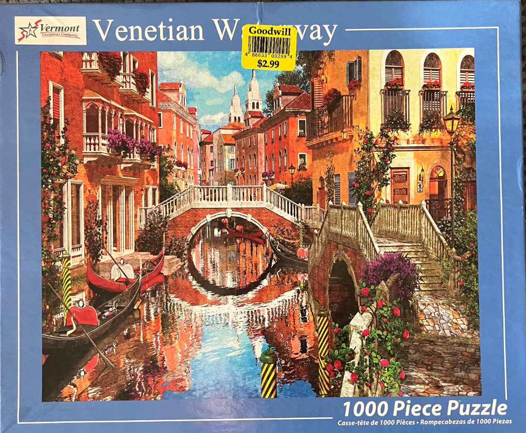 An oil painting style illustration of a peaceful Venetian canal scene with stone bridges and gondolas.