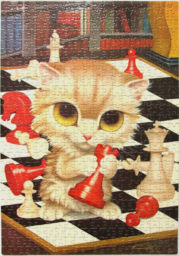 Illustration of a fluffy orange kitten playing with red and white chess pieces on a chessboard.
