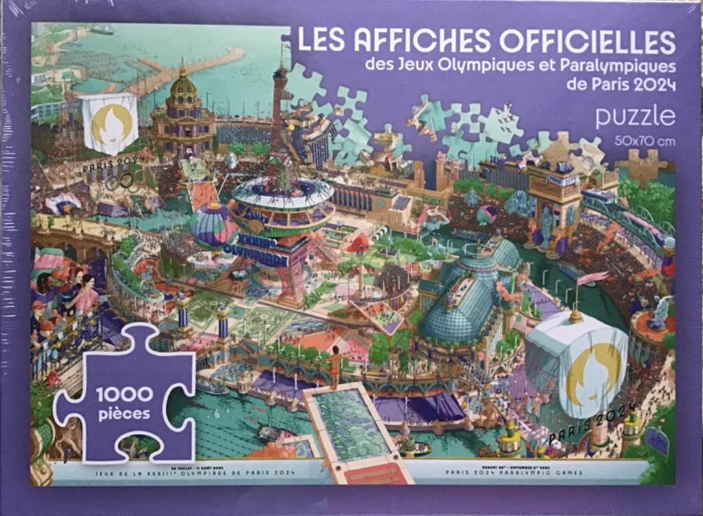An illustrated, stylized aerial view of Paris transformed into a vibrant, futuristic Olympic sporting complex.