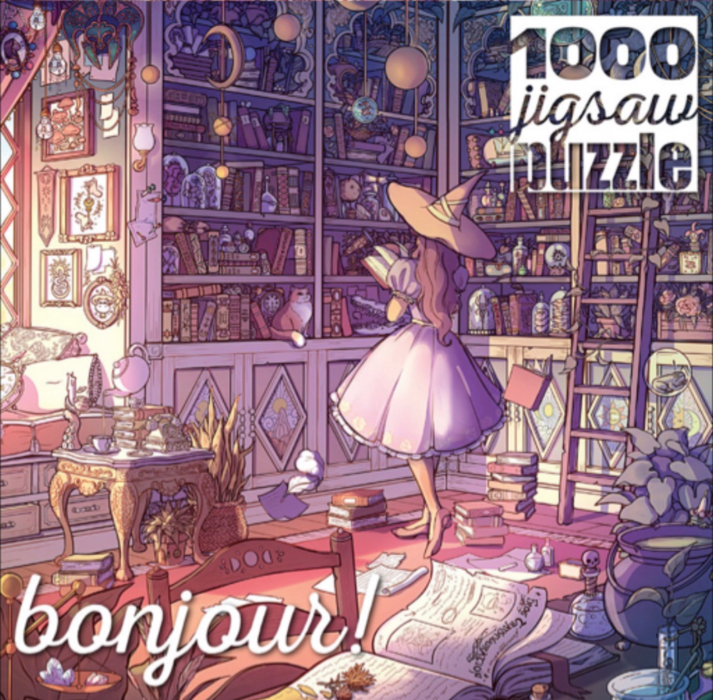 A witch in a lavender dress reading a book in a sunlit, magical library filled with potions and shelves of books.