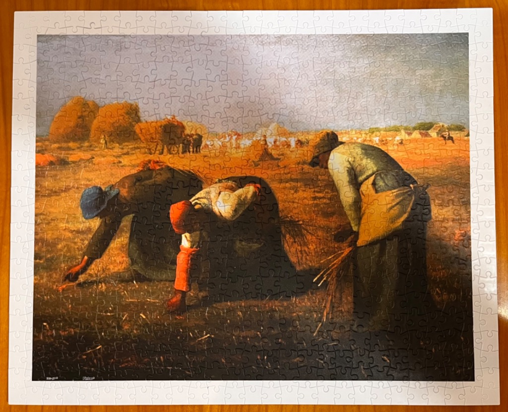 An oil painting of three women gleaning in a golden harvest field under a cloudy sky.