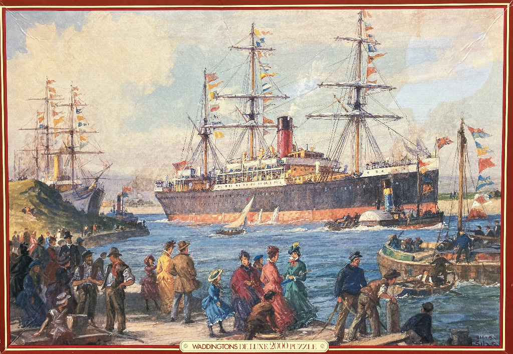 A maritime painting of a large steamship departing a busy harbor filled with spectators and smaller vessels.