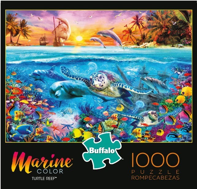 Vibrant digital painting of a tropical reef underwater with sea turtles, dolphins, and a distant sunset ship.