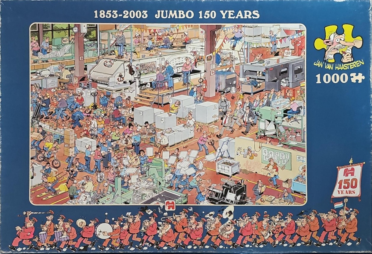 Cartoon illustration of a busy factory floor celebrating an anniversary with a marching band at the bottom.