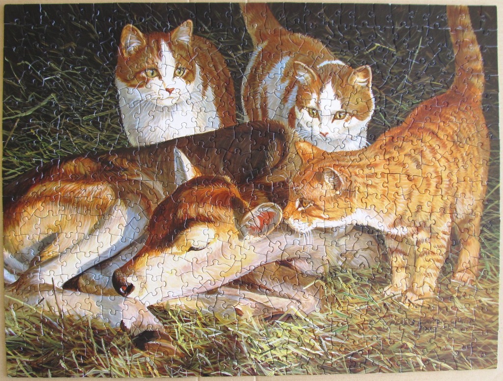 Painting of a fawn resting in straw with three orange and white tabby cats nearby.
