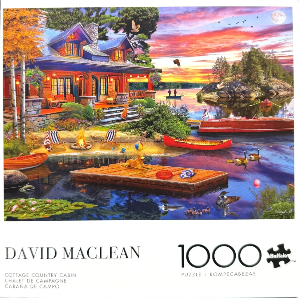 A cozy log cabin at sunset by a lake with a dock, boats, wildlife, and a campfire on the shore.