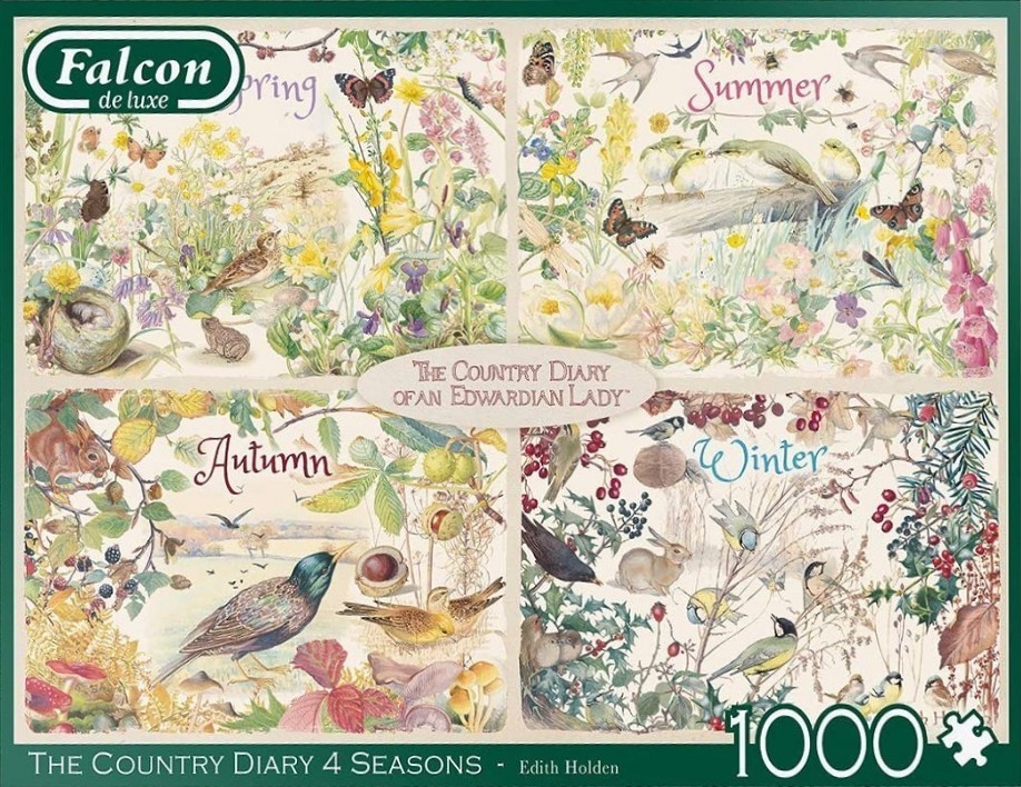 An illustration divided into four panels depicting the flora and fauna of the four seasons.