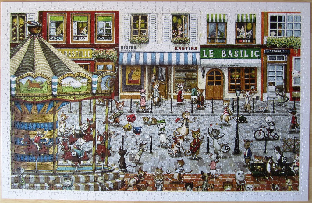 A whimsical illustration of a busy city street filled with anthropomorphic cats and a carousel.