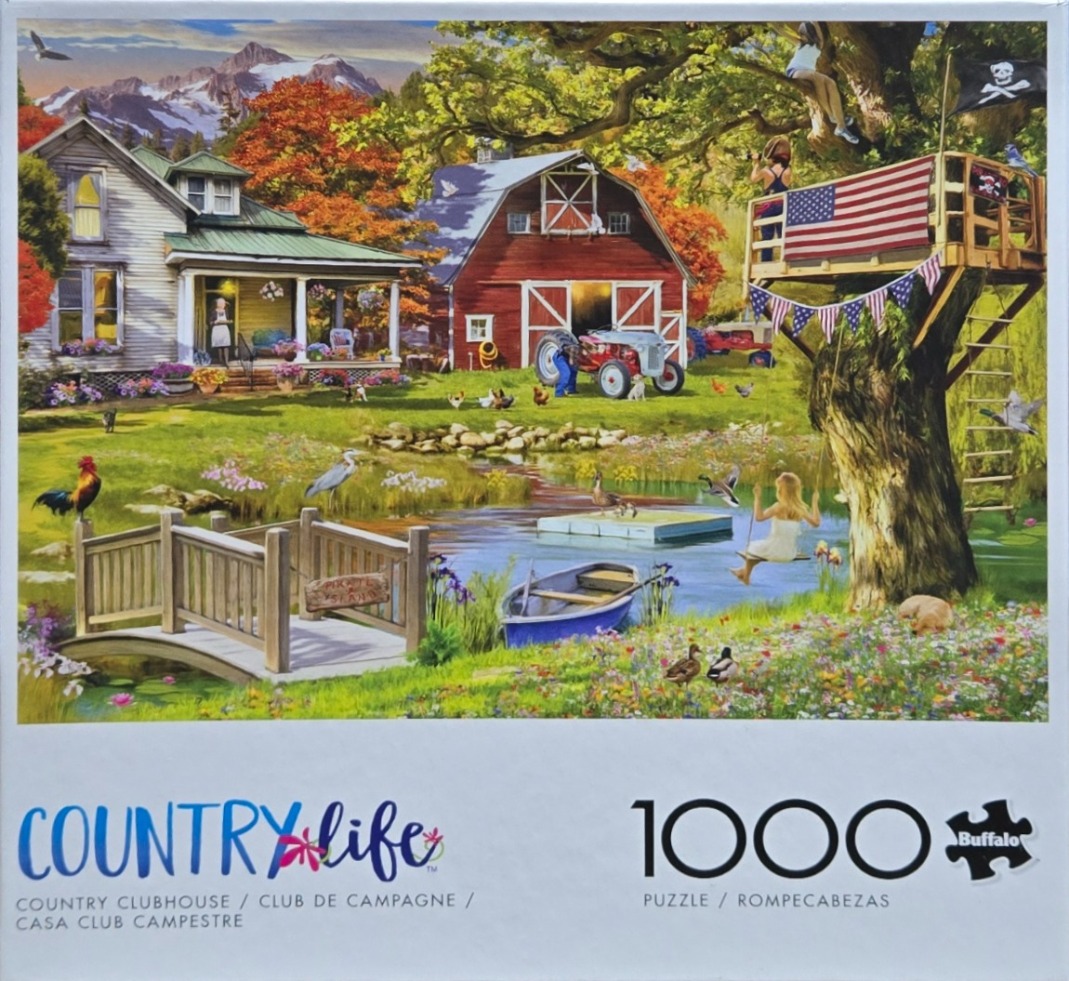 An idyllic rural scene with a farmhouse, red barn, pond, treehouse, and people enjoying a summer day.