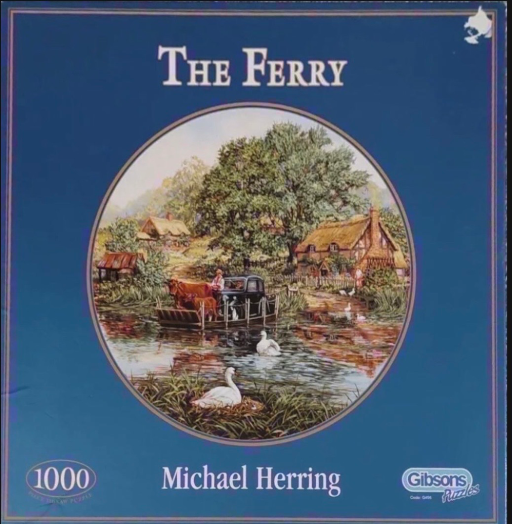 A peaceful English countryside scene featuring a ferry boat crossing a river, with thatched cottages and swans.