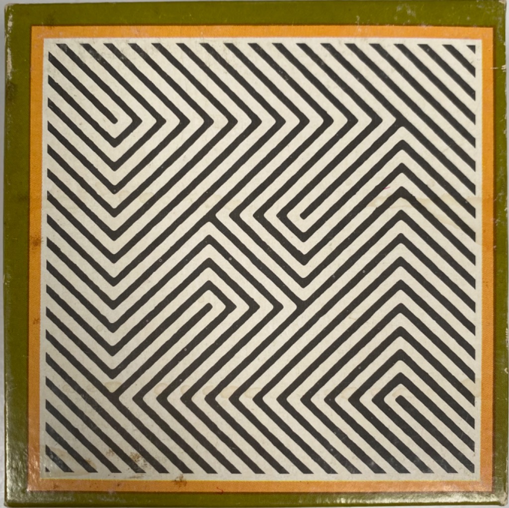 Op art geometric pattern of black and white zig-zagging lines on a square background with orange and green borders.
