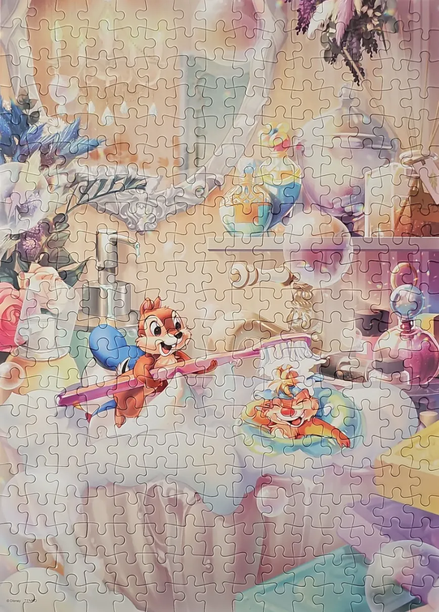 Chip and Dale playing in a bubble bath in a whimsical, pastel-colored bathroom setting.