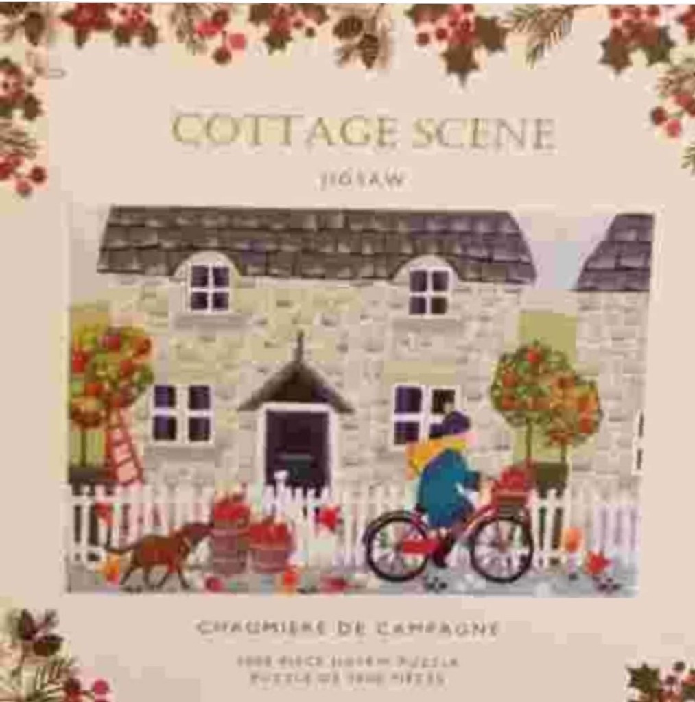 Illustration of a stone cottage with a person on a bicycle and a dog in front of a white picket fence.