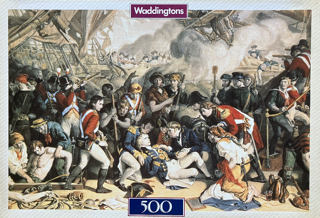 Historical painting of the death of Lord Nelson on the deck of a ship during the Battle of Trafalgar.
