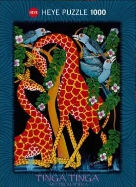 Tinga Tinga folk art painting featuring two stylized giraffes and three birds in a tree against a black background.