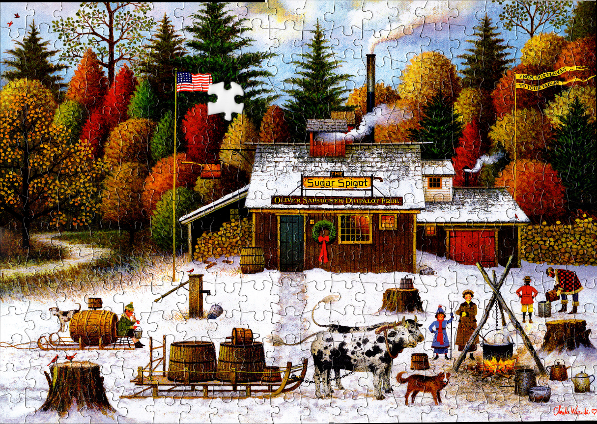 A snowy maple sugaring scene featuring a wooden shack, draft oxen, and people gathering sap in a vibrant autumn forest.