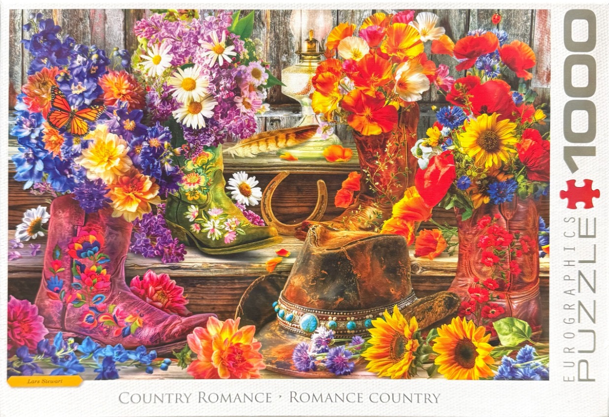 A rustic still life featuring cowboy boots overflowing with bright garden flowers and a leather hat on wooden steps.