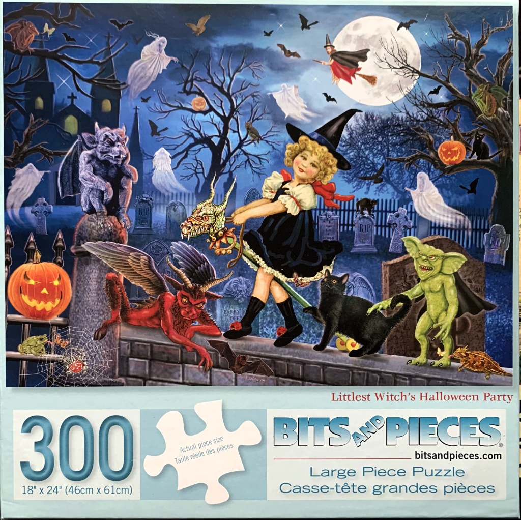 A little girl in a witch costume plays in a spooky graveyard at night surrounded by mythical creatures and ghosts.