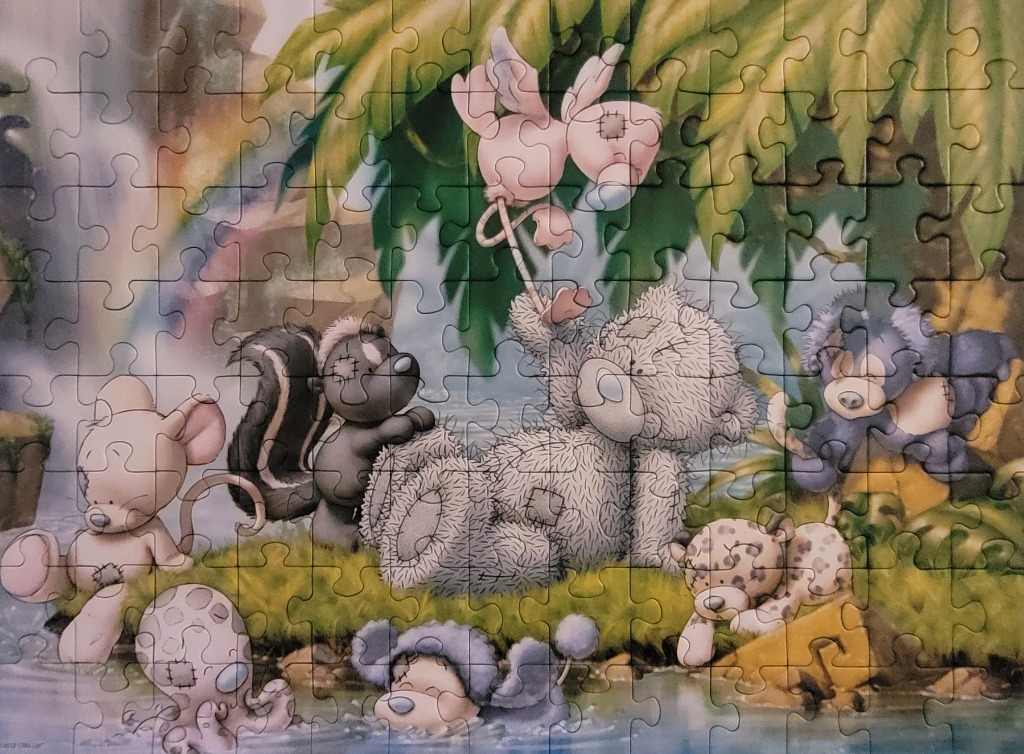 A group of cute, stylized teddy bears and animal friends gathered around a jungle waterfall.