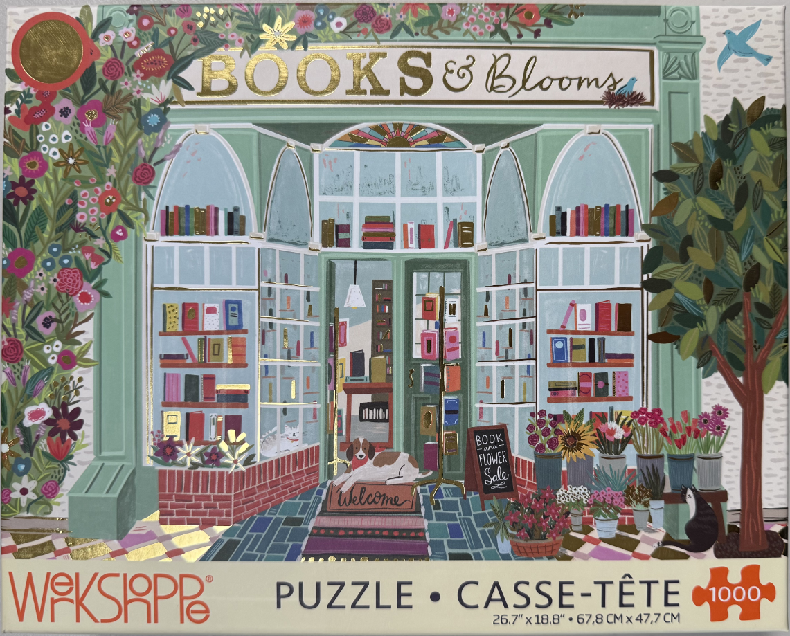 A charming bookstore storefront named Books & Blooms surrounded by flowers, with a dog lying on the welcome mat.