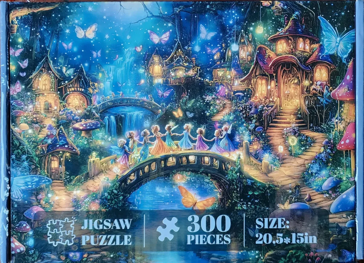 A fantasy illustration of fairies dancing on a bridge in an enchanted forest village.