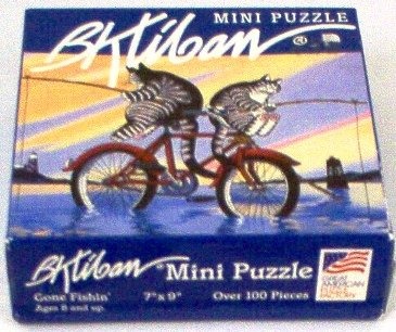 Two anthropomorphic tabby cats riding a red bicycle and fishing in the water.