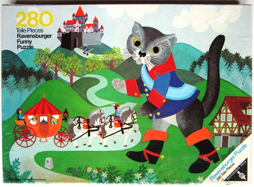 A whimsical illustration of a giant cat dressed like a royal guard walking past a horse-drawn carriage toward a castle.