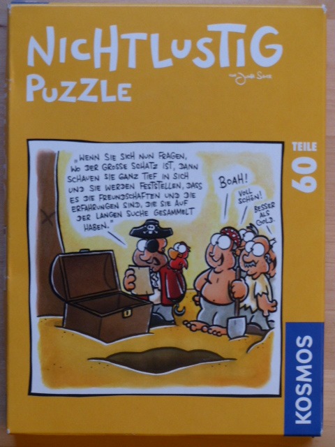 Cartoon drawing of a pirate lecturing two diggers who found an empty treasure chest.