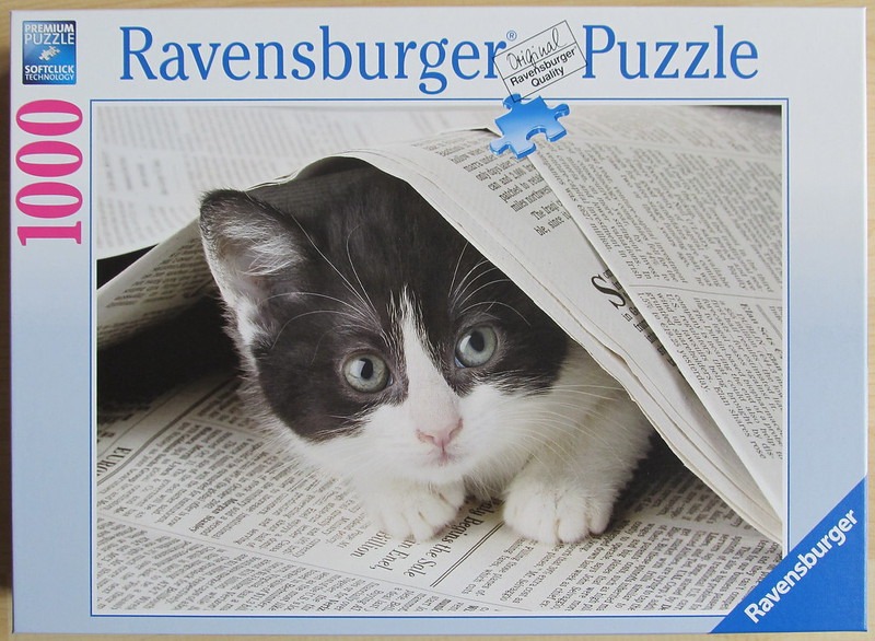 A close-up photograph of a small black and white kitten peeking out from under a fold of a newspaper.