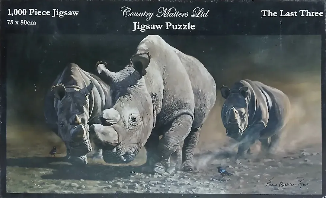 A detailed painting of three rhinoceroses walking across a dry, dusty landscape.