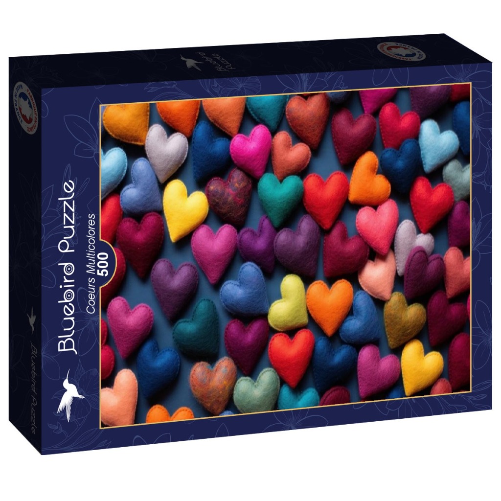 A collection of colorful, felted heart-shaped ornaments scattered across a dark blue background.