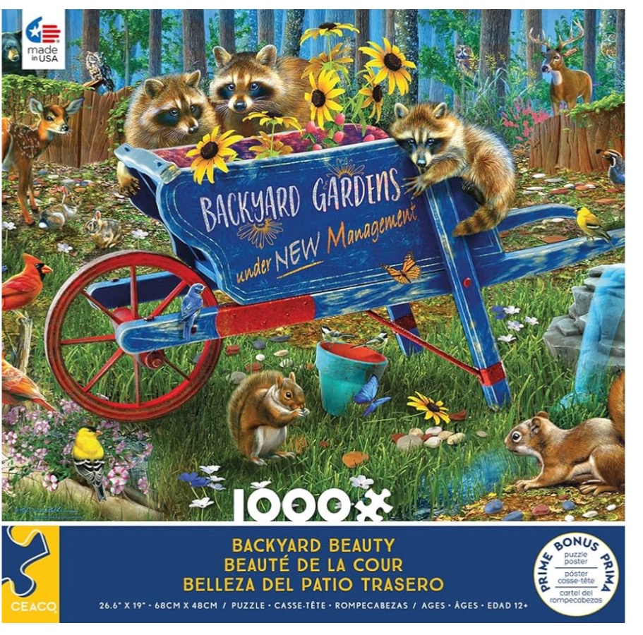 A whimsical illustration of three raccoons in a blue wheelbarrow surrounded by various forest animals in a garden.