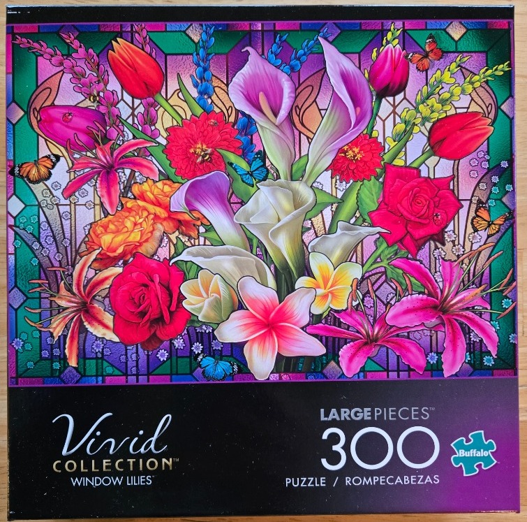 An illustration of a vibrant bouquet of flowers including calla lilies, roses, and tulips against a stained glass window.
