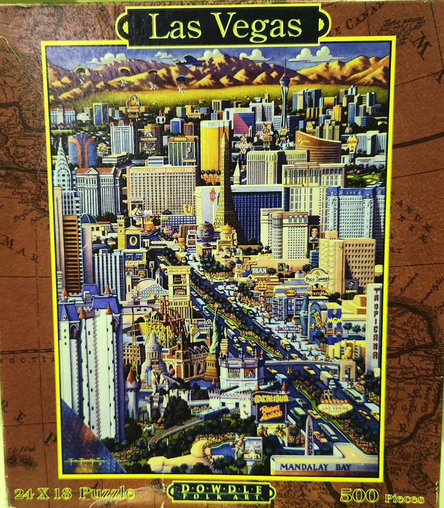 A whimsical folk art illustration of the Las Vegas Strip featuring famous casinos and hotels under a mountain backdrop.