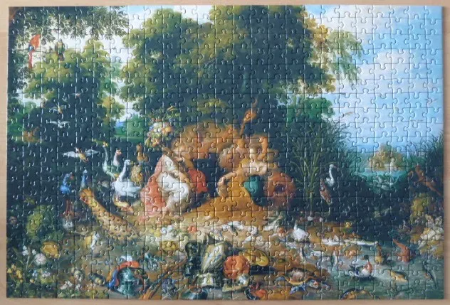 A lush, dark landscape painting depicting an allegorical scene of nature with birds, animals, and classical objects.