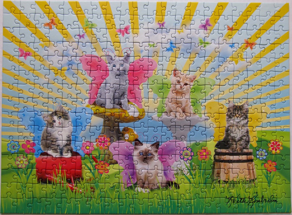 Four kittens with butterfly wings in a sunlit meadow, illustration style.