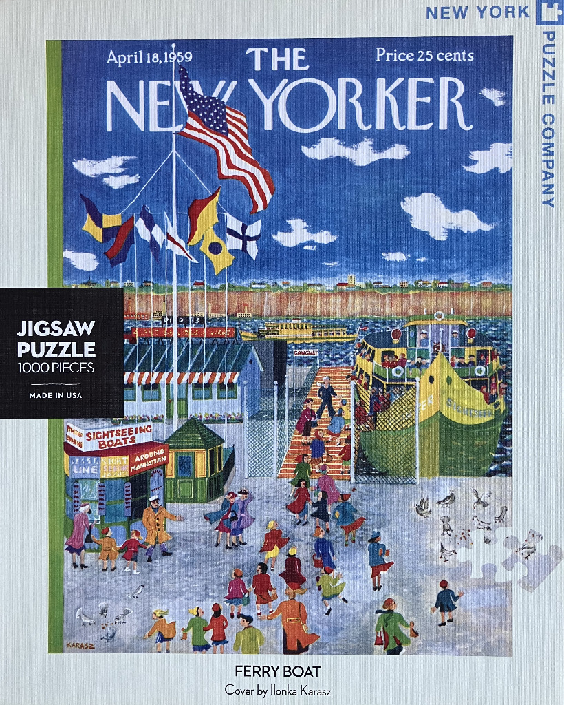 An illustration of a ferry terminal scene with people walking toward a green boat under a blue sky with flags.