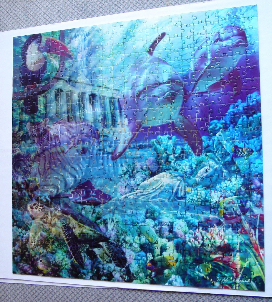 A surreal underwater scene featuring a dolphin, sea turtle, and toucan amongst vibrant coral reefs.