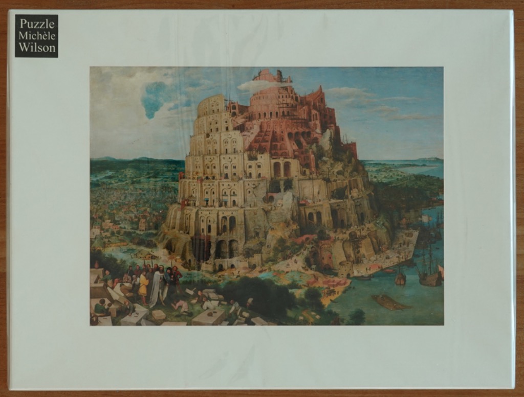 A detailed classical painting of the Tower of Babel rising above a harbor city under a blue sky.