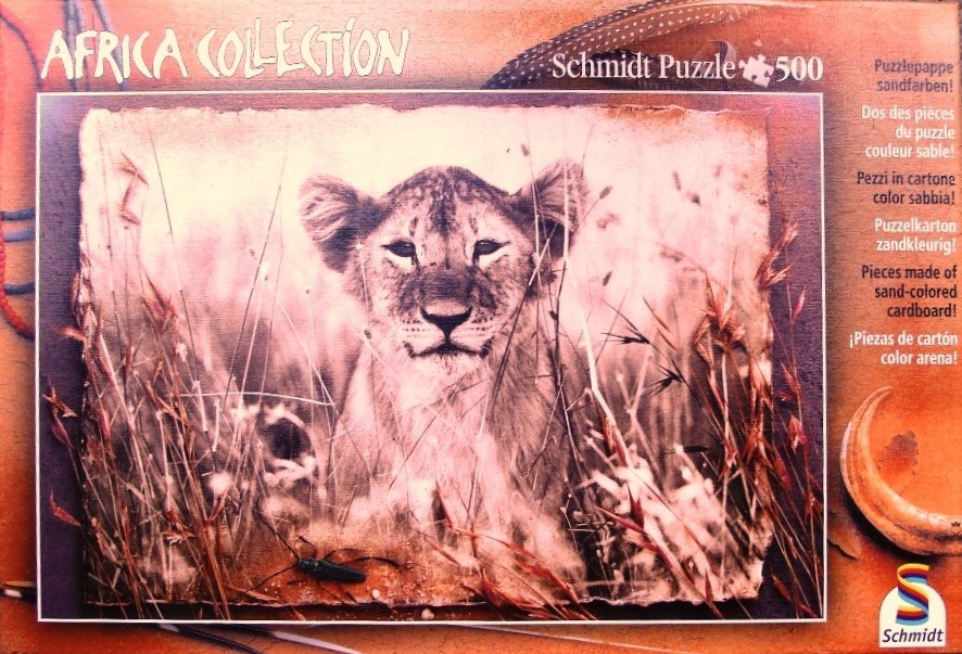 A close-up photograph of a lion cub peering through tall savanna grass, presented as if printed on a piece of parchment.