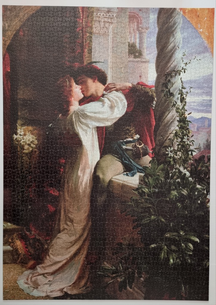 A romantic painting of a man and woman embracing on a stone balcony