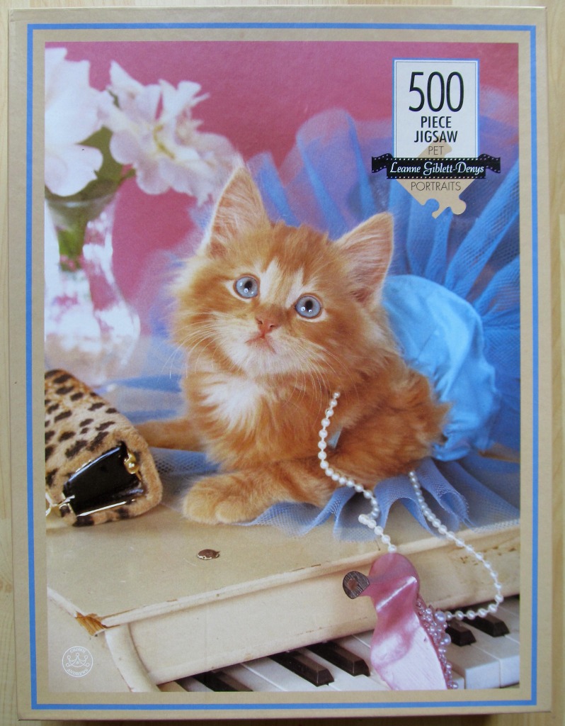 A fluffy ginger kitten wearing a blue tutu and pearls sitting on a white piano.