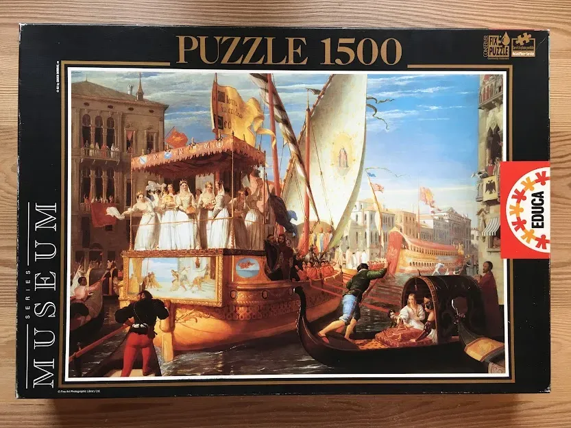 Painting of a grand processional barge carrying women in white dresses through a canal in Venice.