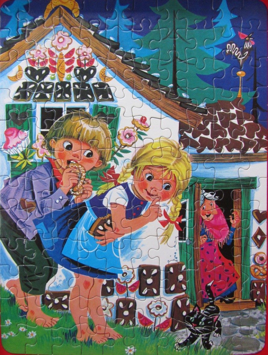 A vintage-style illustration of two children eating sweets outside a gingerbread house with an elderly woman in the door.