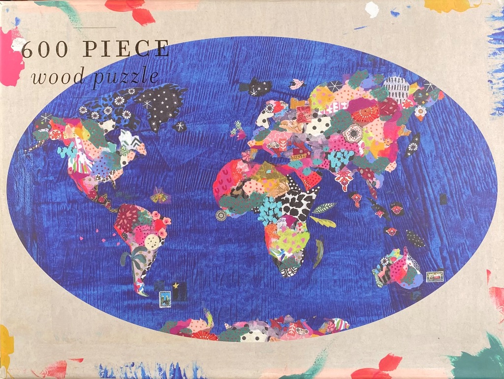 A whimsical collage-style world map centered on a deep blue oval background.