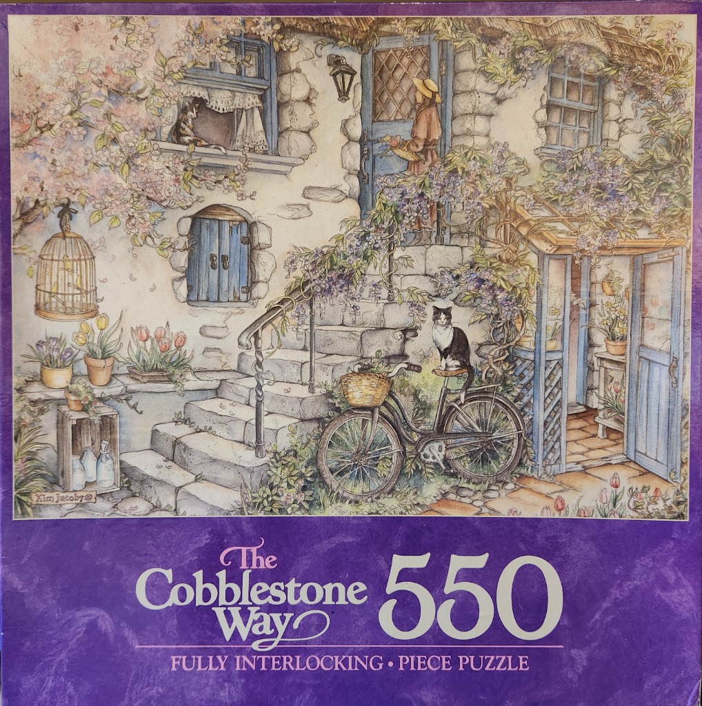 An illustration of a stone cottage entrance with a bicycle, a cat, and blooming flowers.
